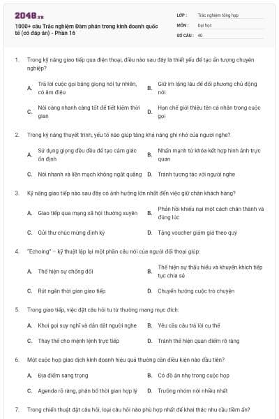 1000+ câu Trắc nghiệm Đàm phán trong kinh doanh quốc tế (có đáp án) - Phần 16