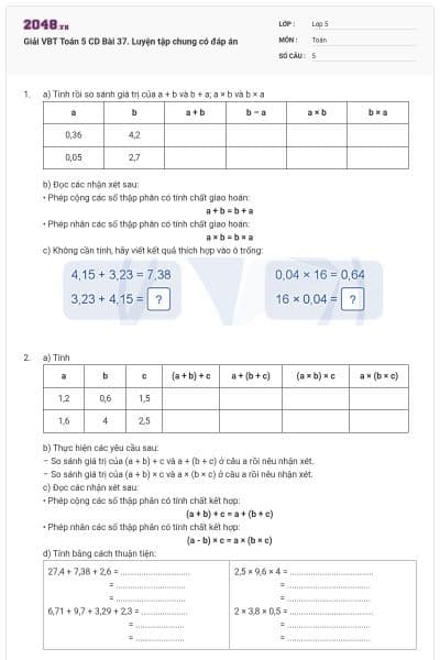 Giải VBT Toán 5 CD Bài 37. Luyện tập chung có đáp án