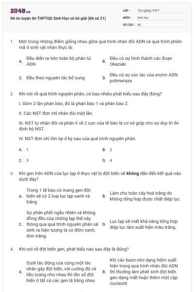 Đề ôn luyện thi THPTQG Sinh Học có lời giải (Đề số 21)