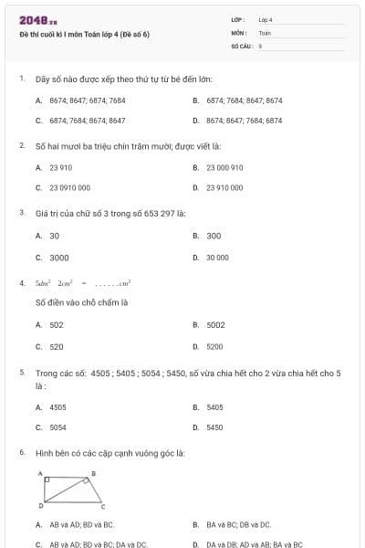 Đề thi cuối kì I môn Toán lớp 4 (Đề số 6)