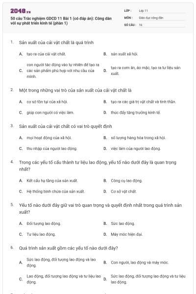 50 câu Trắc nghiệm GDCD 11 Bài 1 (có đáp án): Công dân với sự phát triển kinh tế (phần 1)