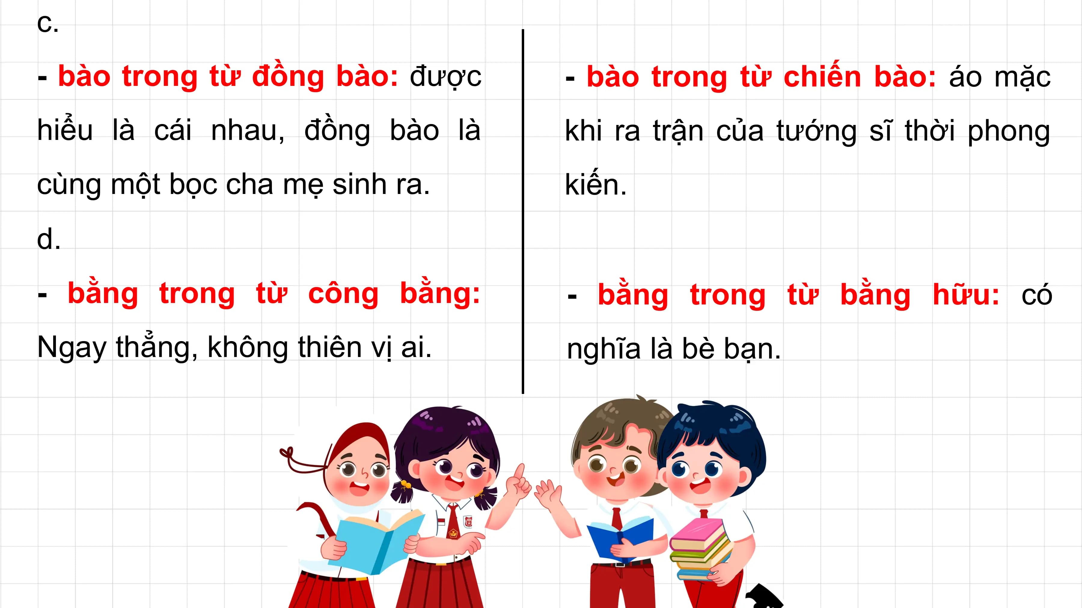 c.
- bào trong từ đồng bào: được - bào trong từ chiến bào: áo mặc
hiểu là cái nhau, đồng bào là khi ra trận của tướng sĩ thời phong
cùng một bọc cha mẹ sinh ra. kiến.
d.
- bằng trong từ công bằng: - bằng trong từ bằng hữu: có
Ngay thẳng, không thiên vị ai. nghĩa là bè bạn.