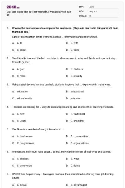 Giải SBT Tiếng anh 10 Test yourself 3: Vocabulary có đáp án