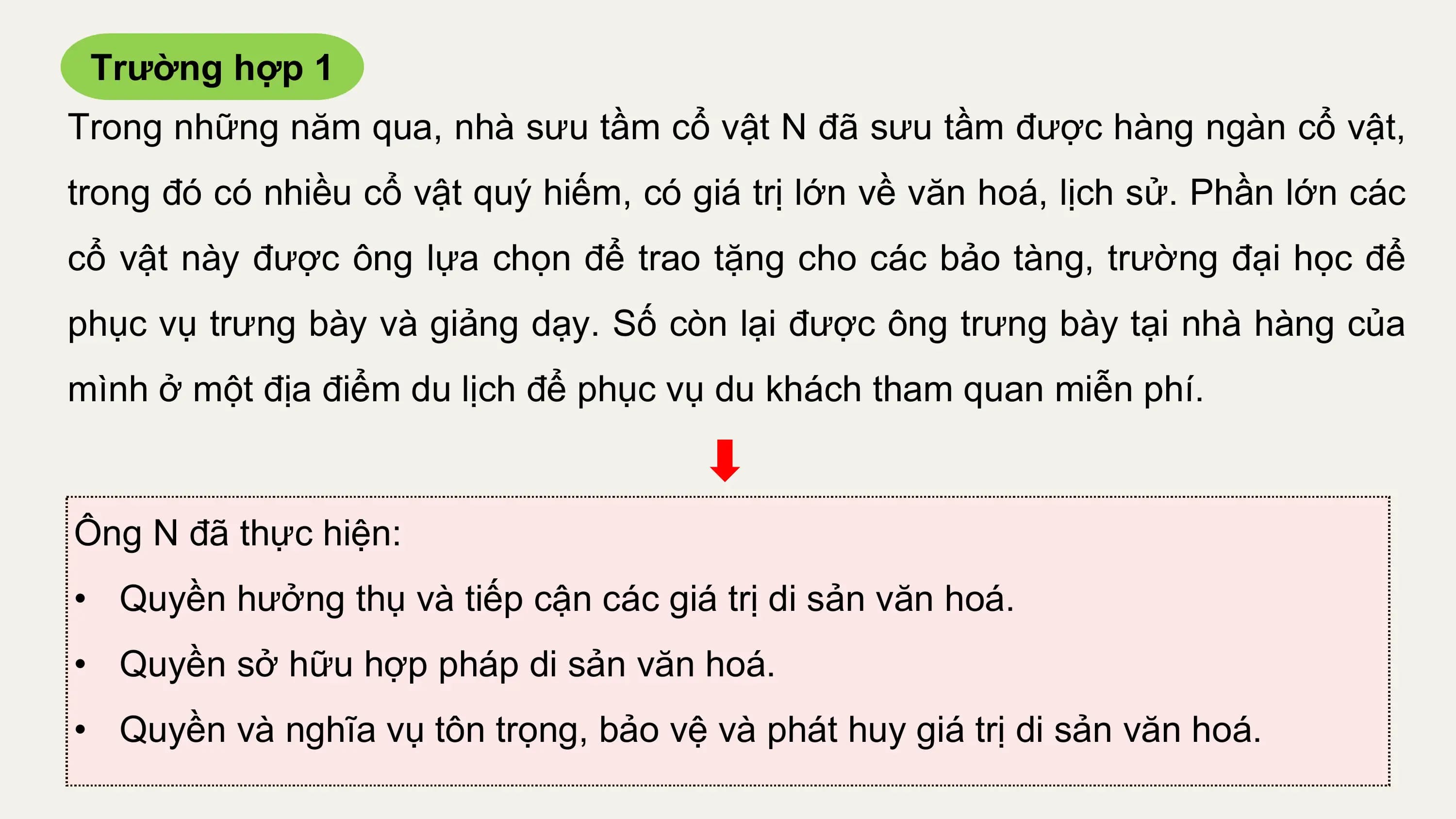 Trường hợp 1
Trong những năm qua, nhà sưu tầm cổ vật N đã sưu tầm được hàng ngàn cổ vật,
trong đó có nhiều cổ vật quý hiếm, có giá trị lớn về văn hoá, lịch sử. Phần lớn các
cổ vật này được ông lựa chọn để trao tặng cho các bảo tàng, trường đại học để
phục vụ trưng bày và giảng dạy. Số còn lại được ông trưng bày tại nhà hàng của
mình ở một địa điểm du lịch để phục vụ du khách tham quan miễn phí.

Ông N đã thực hiện:
• Quyền hưởng thụ và tiếp cận các giá trị di sản văn hoá.
• Quyền sở hữu hợp pháp di sản văn hoá.
• Quyền và nghĩa vụ tôn trọng, bảo vệ và phát huy giá trị di sản văn hoá.