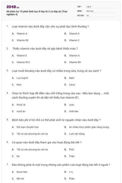 Đề kiểm tra 15 phút Sinh học 8 Học kì 2 có đáp án (Trắc nghiệm 4)