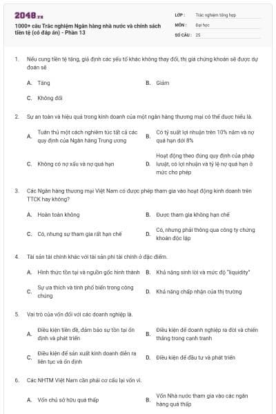 1000+ câu Trắc nghiệm Ngân hàng nhà nước và chính sách tiền tệ (có đáp án) - Phần 13