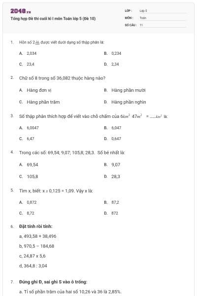 Tổng hợp Đề thi cuối kì I môn Toán lớp 5 (Đề 10)