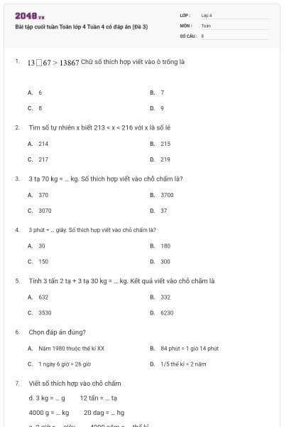 Bài tập cuối tuần Toán lớp 4 Tuần 4 có đáp án (Đề 3)