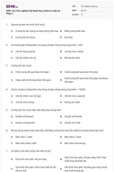 400+ câu Trắc nghiệm Kỹ thuật thực phẩm có đáp án - Phần 1