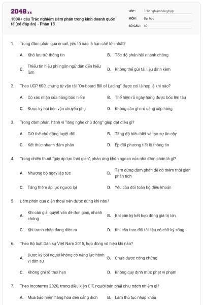 1000+ câu Trắc nghiệm Đàm phán trong kinh doanh quốc tế (có đáp án) - Phần 13