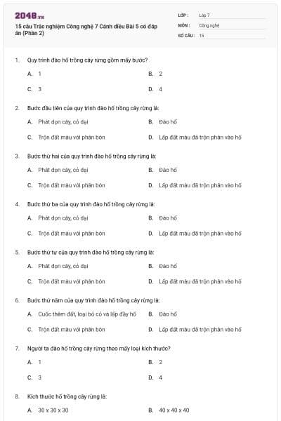 15 câu Trắc nghiệm Công nghệ 7 Cánh diều Bài 5 có đáp án (Phần 2)