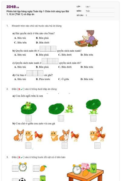 Phiếu bài tập hàng ngày Toán lớp 1 Chân trời sáng tạo Bài 1. Vị trí (Tiết 1) có đáp án