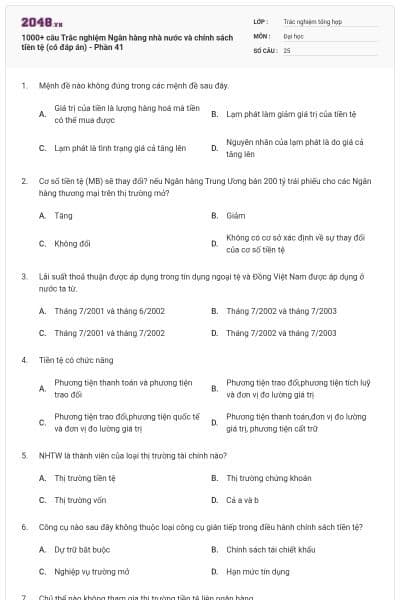 1000+ câu Trắc nghiệm Ngân hàng nhà nước và chính sách tiền tệ (có đáp án) - Phần 41