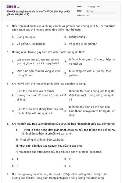 600 Bài trắc nghiệm từ đề thi thử THPTQG Sinh Học có lời giải chi tiết (Đề số 9)
