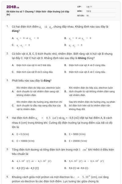 Đề kiểm tra số 1 Chương 1 Điện tích- điện trường (có đáp án)