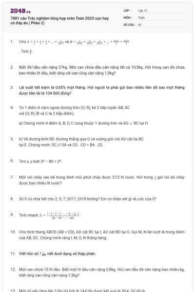 7881 câu Trắc nghiệm tổng hợp môn Toán 2023 cực hay có đáp án ( Phần 2)