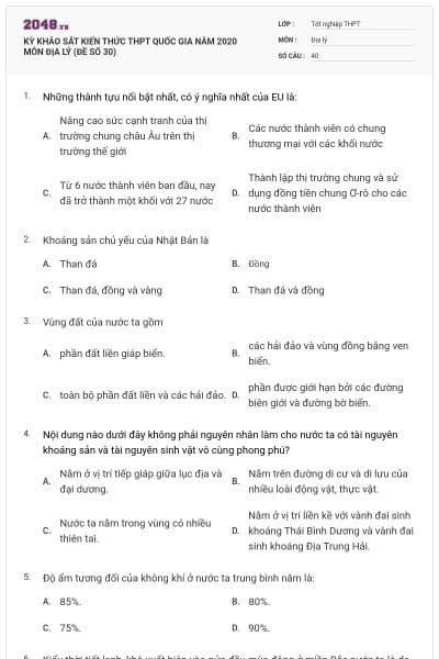 KỲ KHẢO SÁT KIẾN THỨC THPT QUỐC GIA NĂM 2020 MÔN ĐỊA LÝ (ĐỀ SỐ 30)