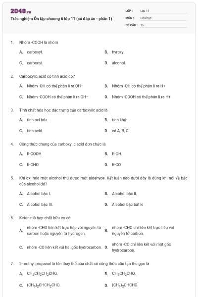 Trắc nghiệm Ôn tập chương 6 lớp 11 (có đáp án - phần 1)