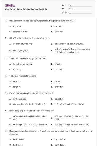 Đề kiểm tra 15 phút Sinh học 7 có đáp án (Đề 2)