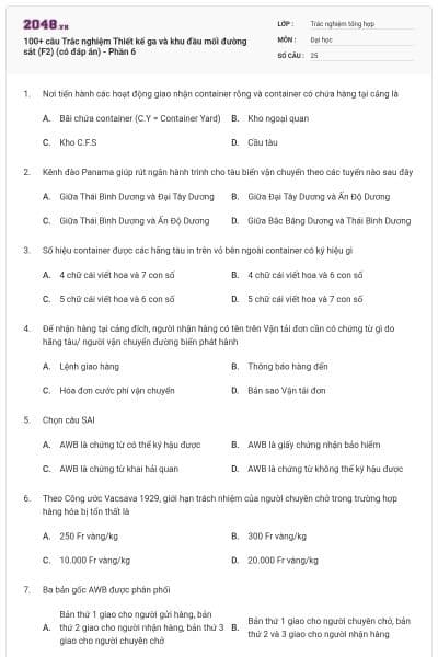 100+ câu Trắc nghiệm Thiết kế ga và khu đầu mối đường sắt (F2) (có đáp án) - Phần 6