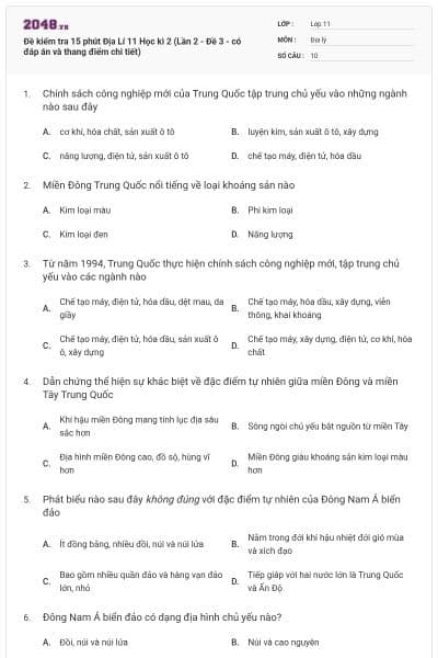 Đề kiểm tra 15 phút Địa Lí 11 Học kì 2 (Lần 2 - Đề 3 - có đáp án và thang điểm chi tiết)