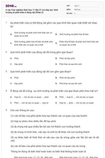 6 câu Trắc nghiệm Sinh Học 11 Bài 37 (có đáp án): Sinh trưởng và phát triển ở động vật (Phần 2)