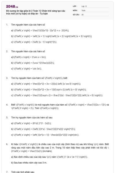 Đề cương ôn tập giữa kì 2 Toán 12 Chân trời sáng tạo cấu trúc mới (có tự luận) có đáp án - Tự luận