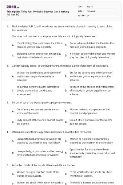 Trắc nghiệm Tiếng Anh 10 Global Success Unit 6 Writing (có đáp án)