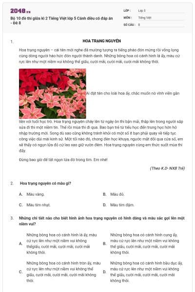Bộ 10 đề thi giữa kì 2 Tiếng Việt lớp 5 Cánh diều có đáp án - Đê 8
