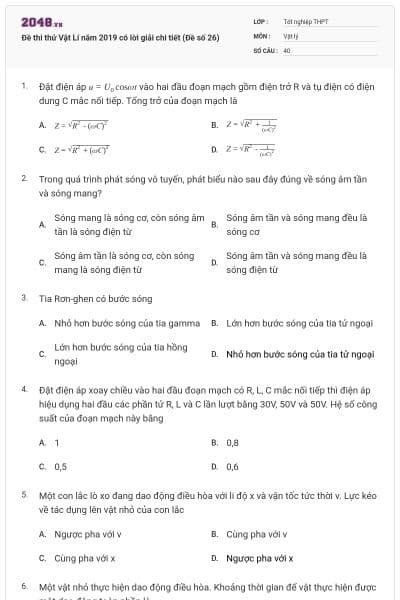 Đề thi thử Vật Lí năm 2019 có lời giải chi tiết (Đề số 26)