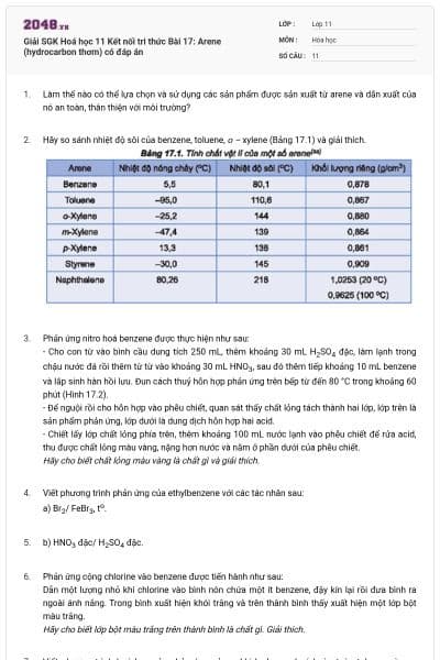 Giải SGK Hoá học 11 Kết nối tri thức Bài 17: Arene (hydrocarbon thơm) có đáp án