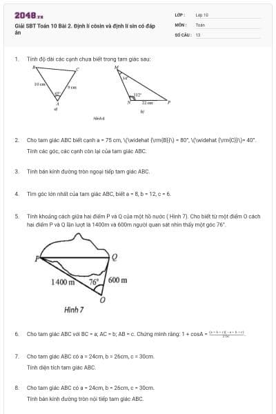 Giải SBT Toán 10 Bài 2. Định lí côsin và định lí sin có đáp án