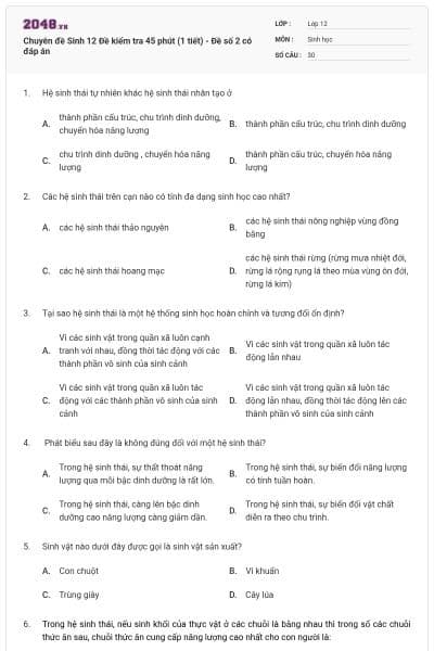 Chuyên đề Sinh 12 Đề kiểm tra 45 phút (1 tiết) - Đề số 2 có đáp án