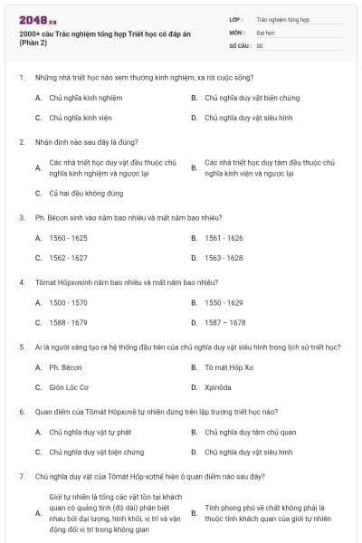 2000+ câu Trắc nghiệm tổng hợp Triết học có đáp án (Phần 2)