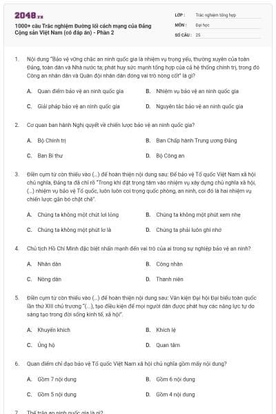 1000+ câu Trắc nghiệm Đường lối cách mạng của Đảng Cộng sản Việt Nam (có đáp án) - Phần 2