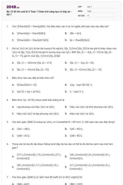 Bộ 10 đề thi cuối kì 2 Toán 7 Chân trời sáng tạo có đáp án - Đề 7