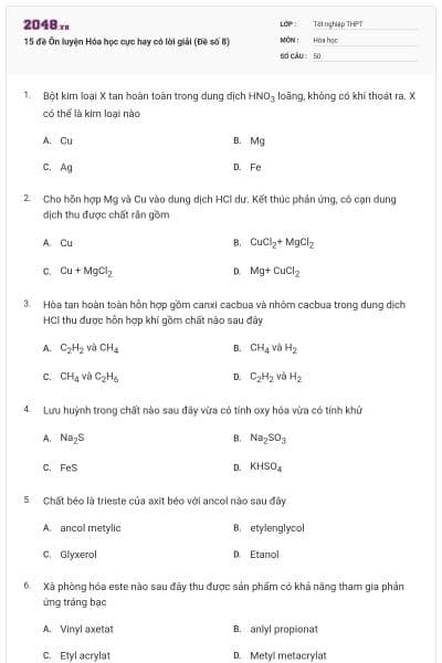 15 đề Ôn luyện Hóa học cực hay có lời giải (Đề số 8)