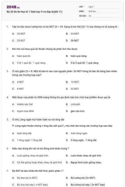 Bộ 20 đề thi Học kì 1 Sinh học 9 có đáp án(Đề 11)