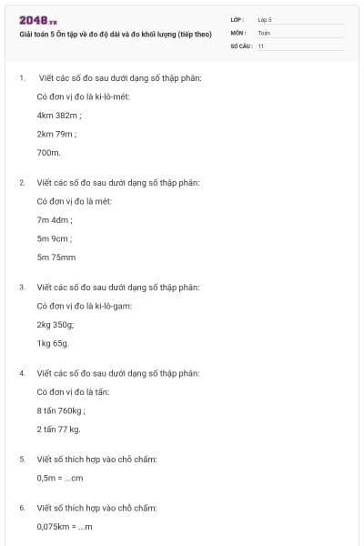 Giải toán 5 Ôn tập về đo độ dài và đo khối lượng (tiếp theo)