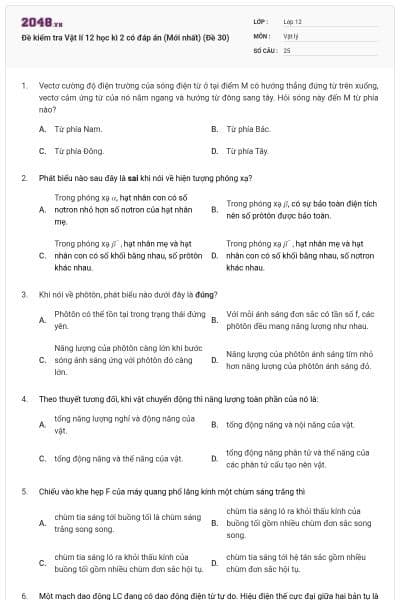 Đề kiểm tra Vật lí 12 học kì 2 có đáp án (Mới nhất) (Đề 30)