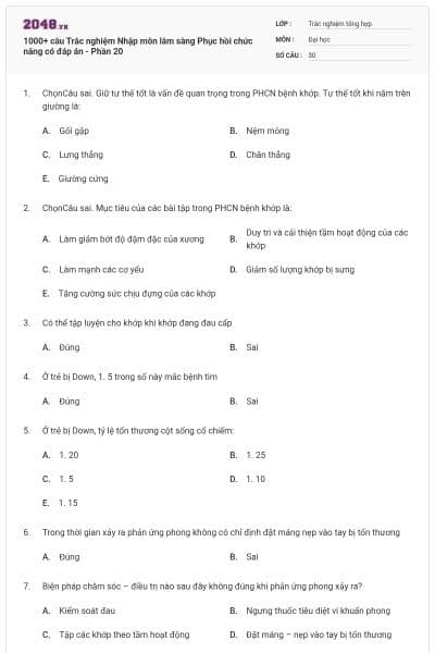 1000+ câu Trắc nghiệm Nhập môn lâm sàng Phục hồi chức năng có đáp án - Phần 20