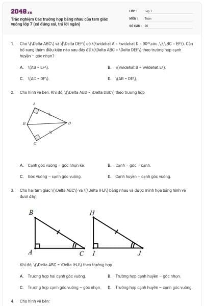 Trắc nghiệm Các trường hợp bằng nhau của tam giác vuông lớp 7 (có đúng sai, trả lời ngắn)