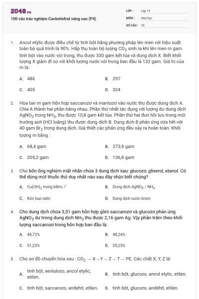 100 câu trắc nghiệm Cacbohiđrat nâng cao (P4)