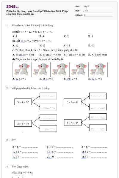 Phiếu bài tập hàng ngày Toán lớp 2 Cánh diều Bài 8. Phép chia (tiếp theo) có đáp án