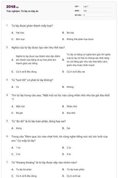 Trắc nghiệm: Từ láy có đáp án