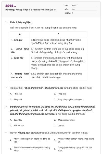 Đề thi Ngữ văn lớp 9 Học kì 2 cực hay, có đáp án (Đề 1)