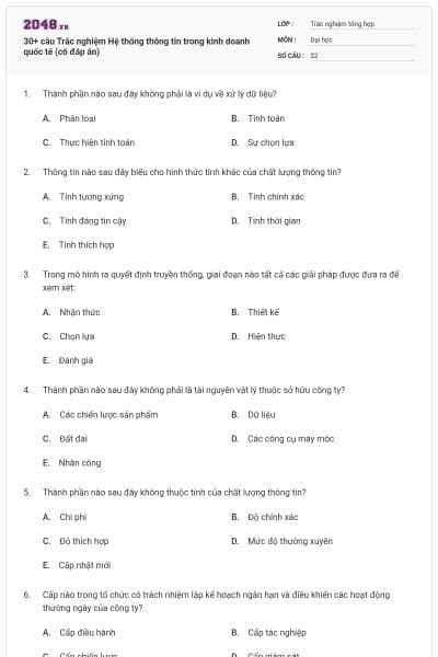 30+ câu Trắc nghiệm Hệ thống thông tin trong kinh doanh quốc tế (có đáp án)