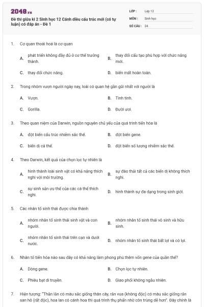 Đề thi giữa kì 2 Sinh học 12 Cánh diều cấu trúc mới (có tự luận) có đáp án - Đề 1