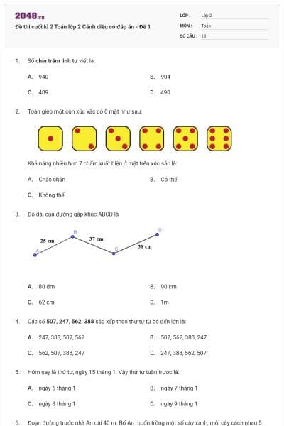 Đề thi cuối kì 2 Toán lớp 2 Cánh diều có đáp án - Đề 1