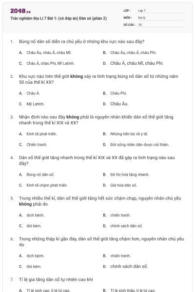 Trắc nghiệm Địa Lí 7 Bài 1: (có đáp án) Dân số (phần 2)